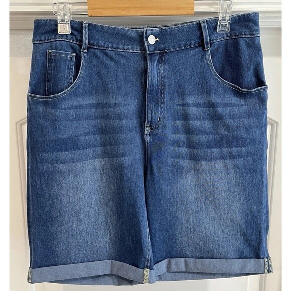 Halara Flex Denim High Waist Cuffed Leg Stretch Bermuda 9in Shorts Womens L - Picture 4 of 13